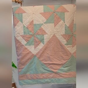 Vintage Handmade Quilt Pink Blue Patchwork 72x88"